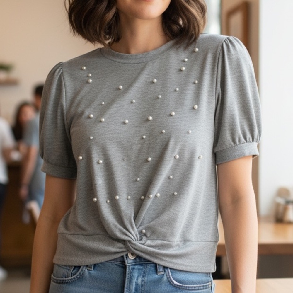 Skonhet Women’s Elegant Gray Pearl-Studded Women's Top Size S